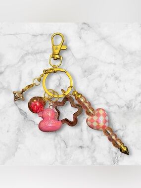 Gold-Tone Pink Duck & Heart Charm Keychain